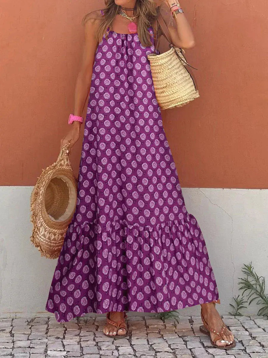 2023 Bohemian Holiday Print Maxi Dress with Ruffles