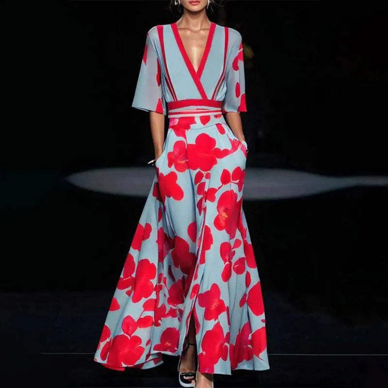 Summer V-Neck Floral Split Maxi Dress with Belt – Women's A-line Short Sleeve Party & Beachwear