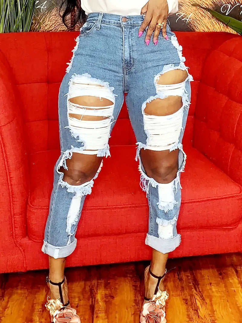 Women's Blue High Waist Ripped Straight Jeans