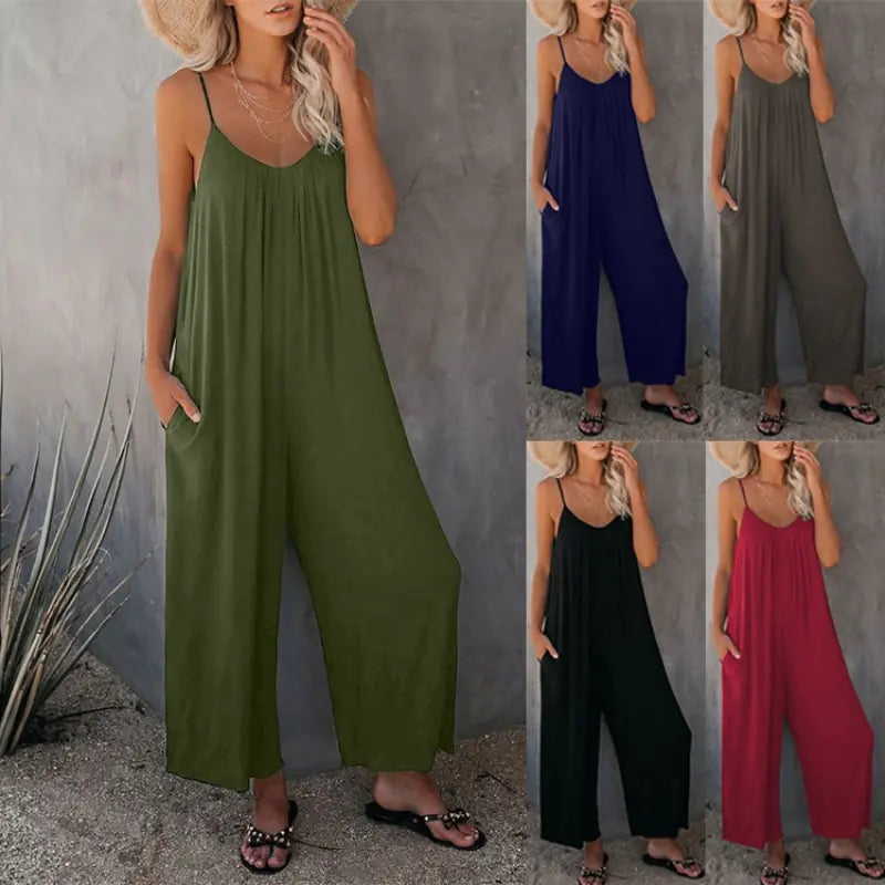 Boho Spaghetti Ruched Sleeveless Wide Leg Jumpsuit