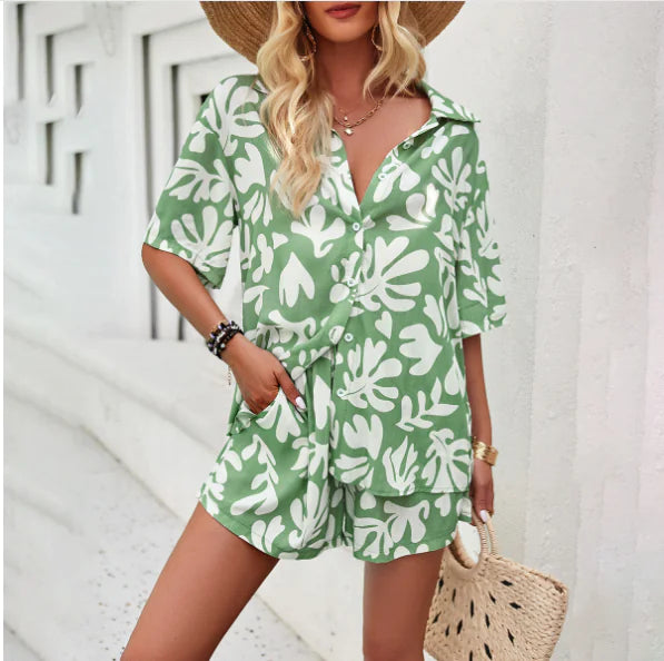 SunnyVibe: 2-Piece Printed Casual Set – Short-Sleeve Shirt & Drawstring Shorts