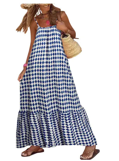 2023 Bohemian Holiday Print Maxi Dress with Ruffles