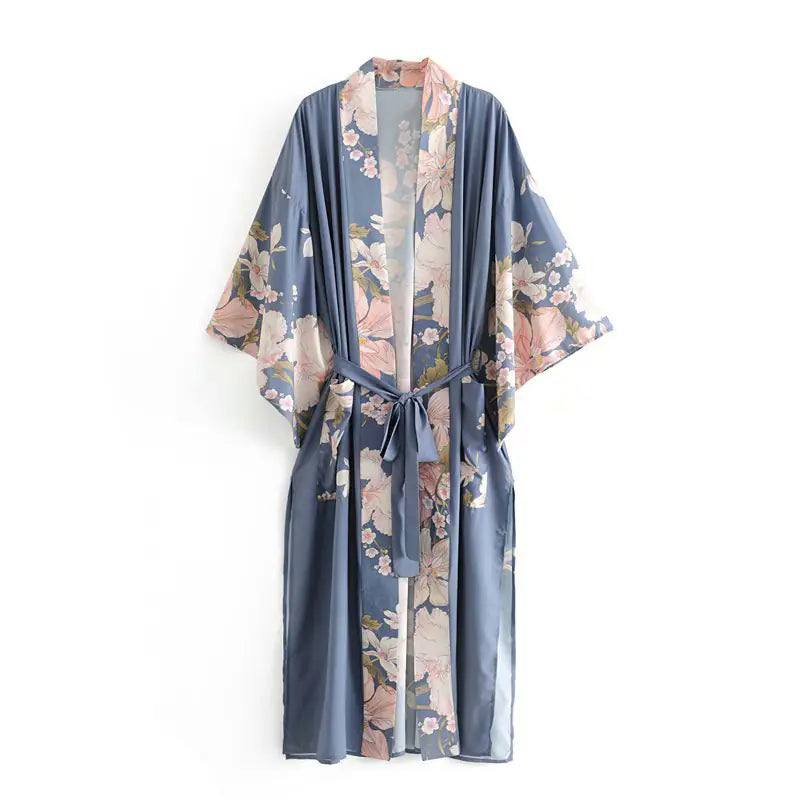 F1250 Women's Peacock Floral Print Kimono Robe