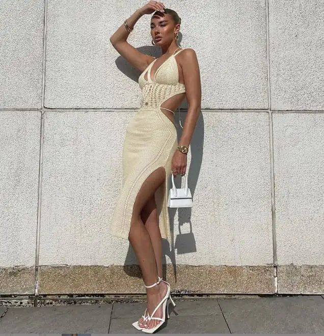 V-Neck Back Lace-Up Sheer Dress