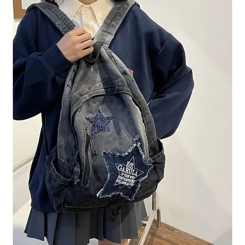 Casual Denim Star Pattern Backpack Large Capacity Vintage Punk Schoolbag - Ageless Woman Wellness
