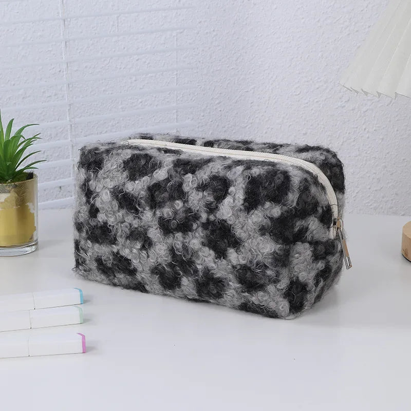 Leopard Print Soft Plush Travel Cosmetic Bag Lipstick Brush Toiletry Kit Storage Bag Women Makeup Handbags Organizer Pouch Bag - Ageless Woman Wellness