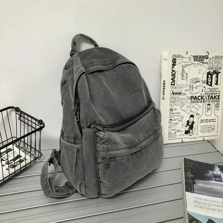 Gray Denim Backpack Women's Travel Shoulder Bag Unisex Fashion Schoolbag - Ageless Woman Wellness