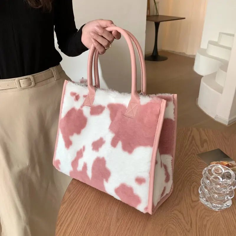 Women's Plush Leopard Cow Print Tote Bag - Furry PU Leather Shoulder Bag - Ageless Woman Wellness