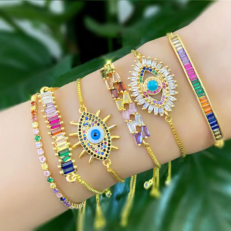 Colorful Crystal and Zirconia Bracelet (Pull Chain)