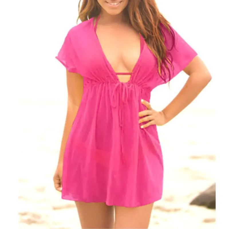 Sheer Deep V Neck Bikini Cover-Up Beachwear