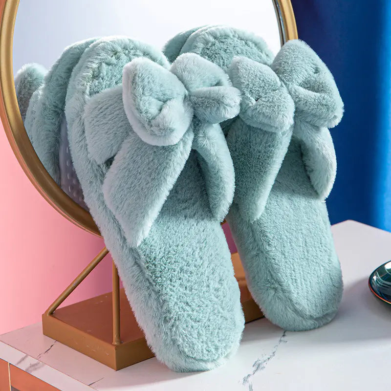 Bowknot Plush Cotton Slippers for Cozy Comfort