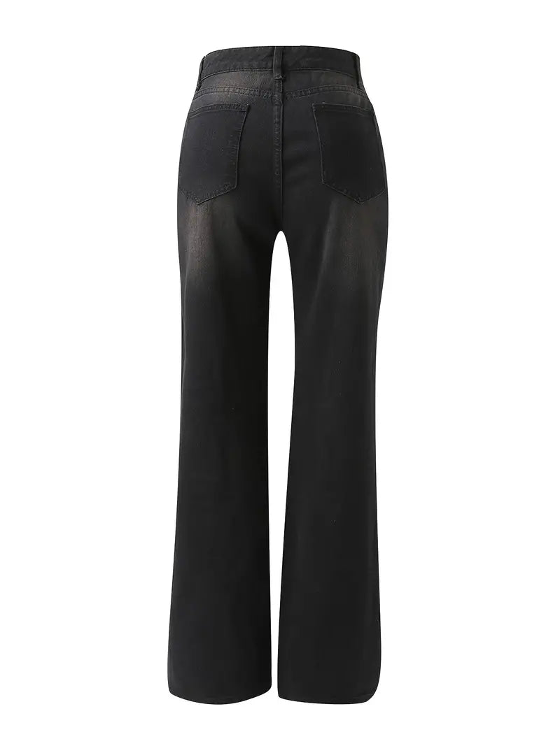High Waist Ripped Straight Leg Women's Denim Jeans