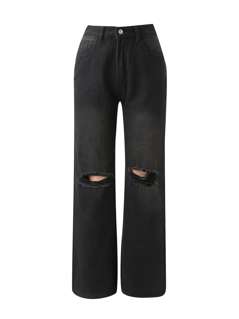High Waist Ripped Straight Leg Women's Denim Jeans