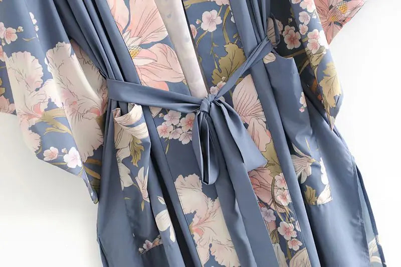 F1250 Women's Peacock Floral Print Kimono Robe