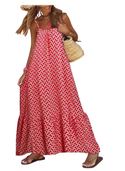 2023 Bohemian Holiday Print Maxi Dress with Ruffles