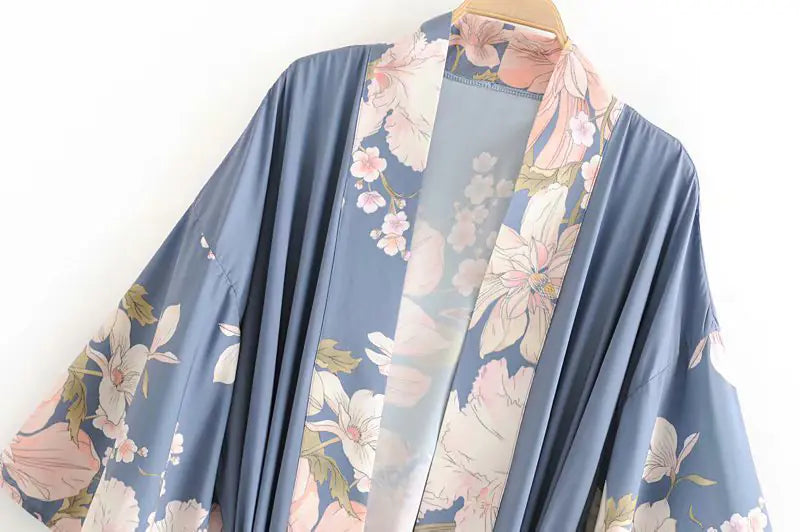 F1250 Women's Peacock Floral Print Kimono Robe