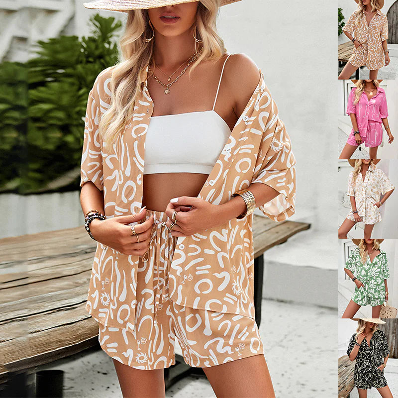 SunnyVibe: 2-Piece Printed Casual Set – Short-Sleeve Shirt & Drawstring Shorts