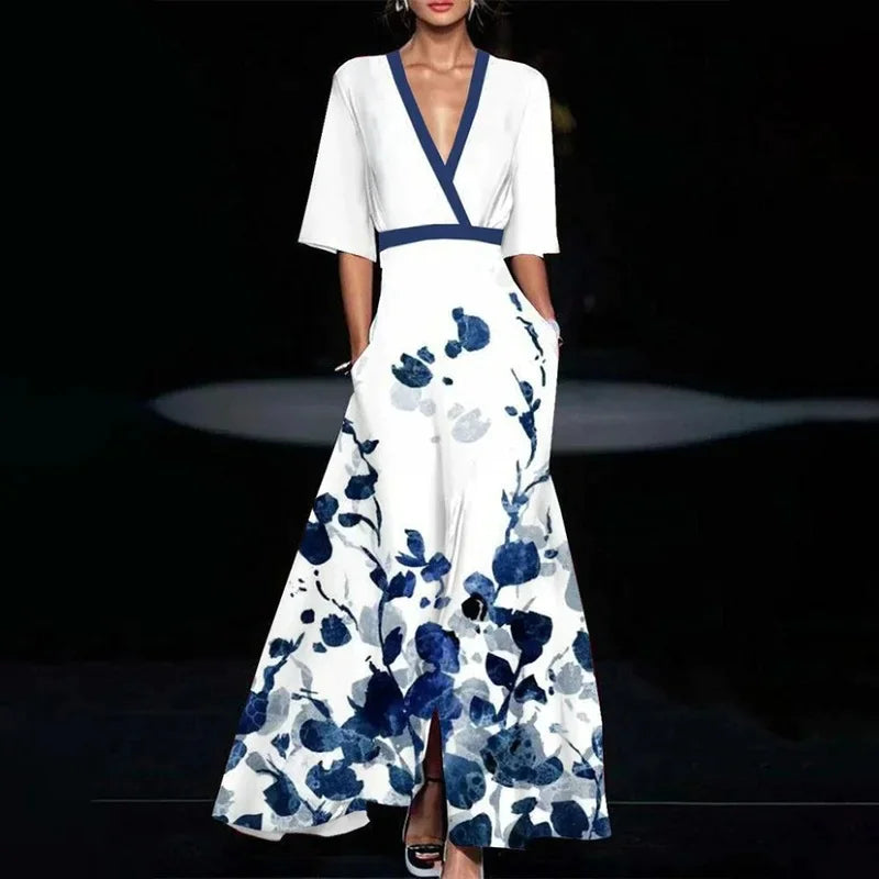 Summer V-Neck Floral Split Maxi Dress with Belt – Women's A-line Short Sleeve Party & Beachwear
