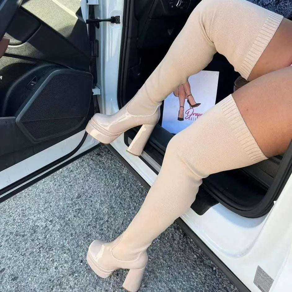 Women's Over-the-Knee Chunky Heel Knit Boots