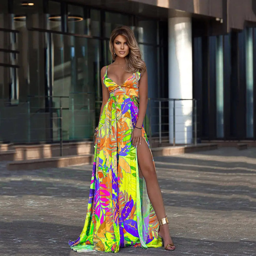 2024 Summer Bohemian Leaf Print Maxi Dress