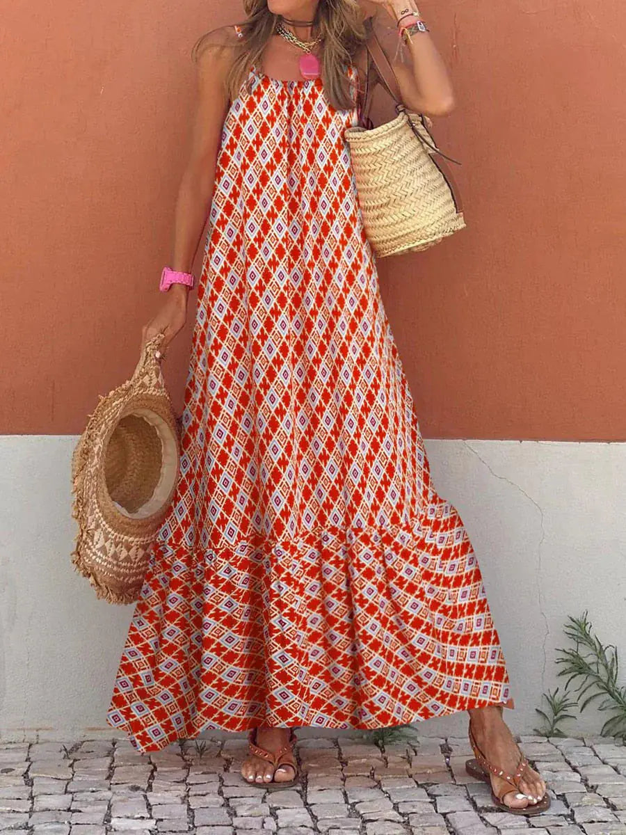 2023 Bohemian Holiday Print Maxi Dress with Ruffles