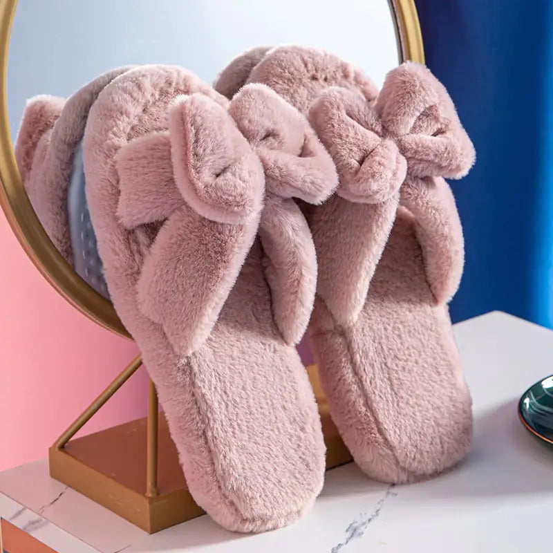 Bowknot Plush Cotton Slippers for Cozy Comfort