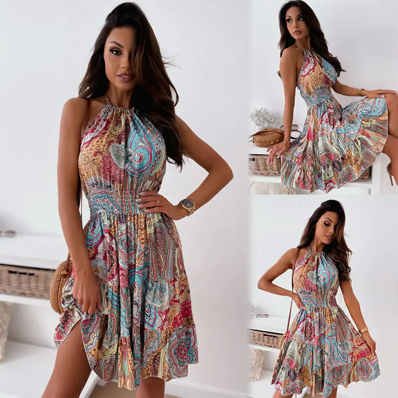 Boho Floral Backless Dress with Pleated Skirt
