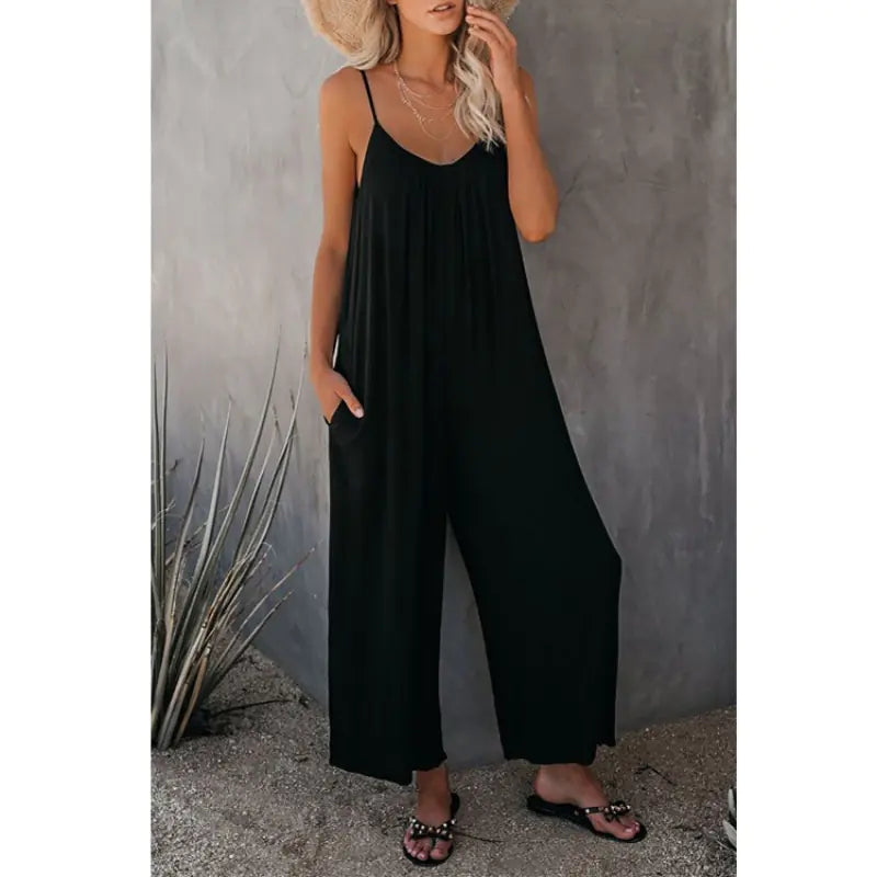 Boho Spaghetti Ruched Sleeveless Wide Leg Jumpsuit