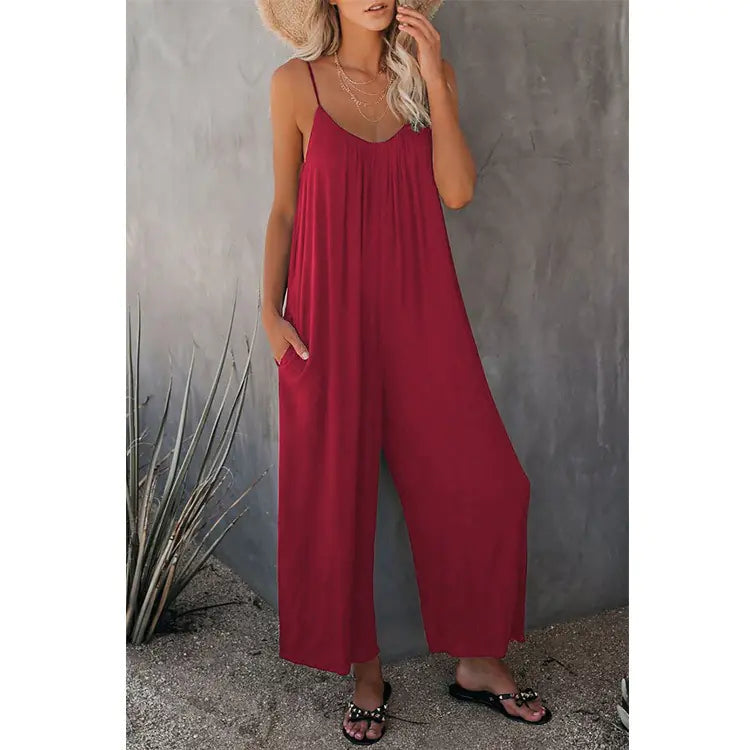 Boho Spaghetti Ruched Sleeveless Wide Leg Jumpsuit