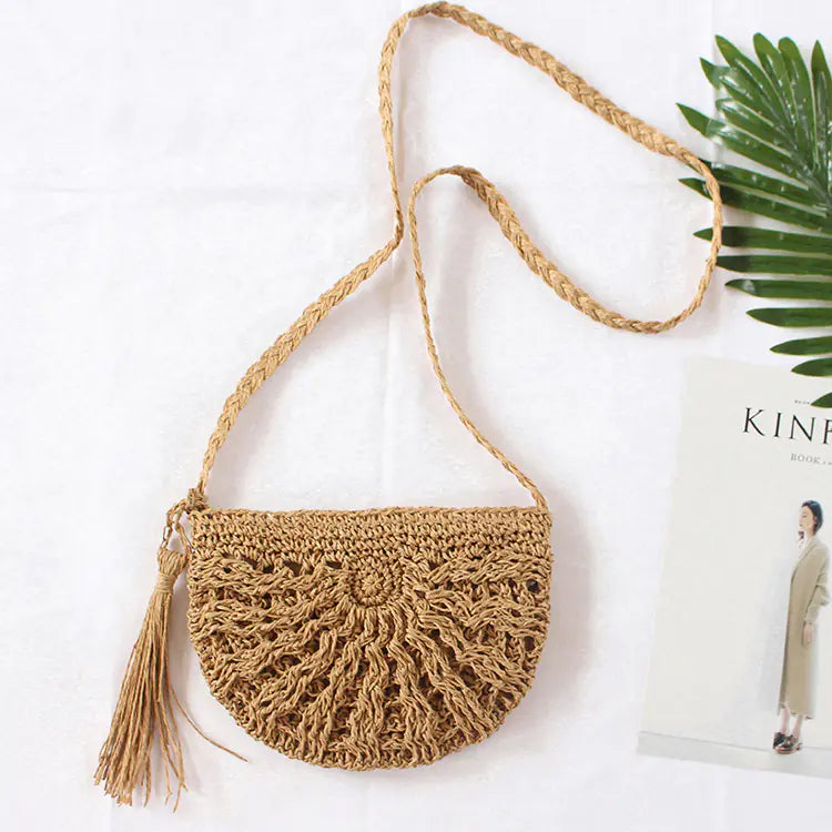 Retro Half Round Tassel Woven Straw Crossbody Bag