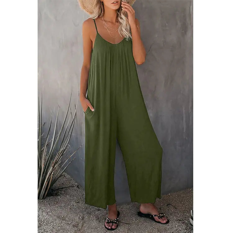 Boho Spaghetti Ruched Sleeveless Wide Leg Jumpsuit