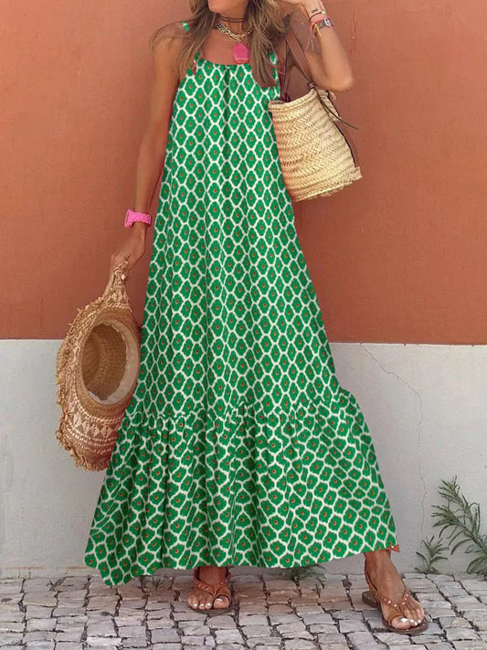 2023 Bohemian Holiday Print Maxi Dress with Ruffles