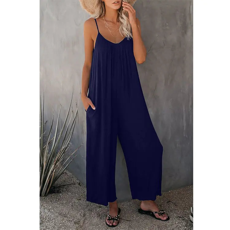 Boho Spaghetti Ruched Sleeveless Wide Leg Jumpsuit