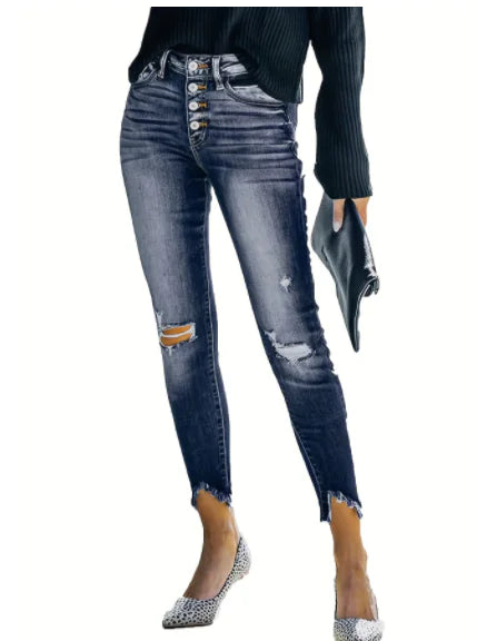 Women's Distressed Blue Mid-Rise Skinny Jeans