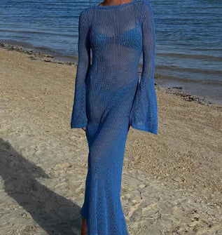 Backless Long Knit Bikini Cover-Up Beachwear (One Piece)