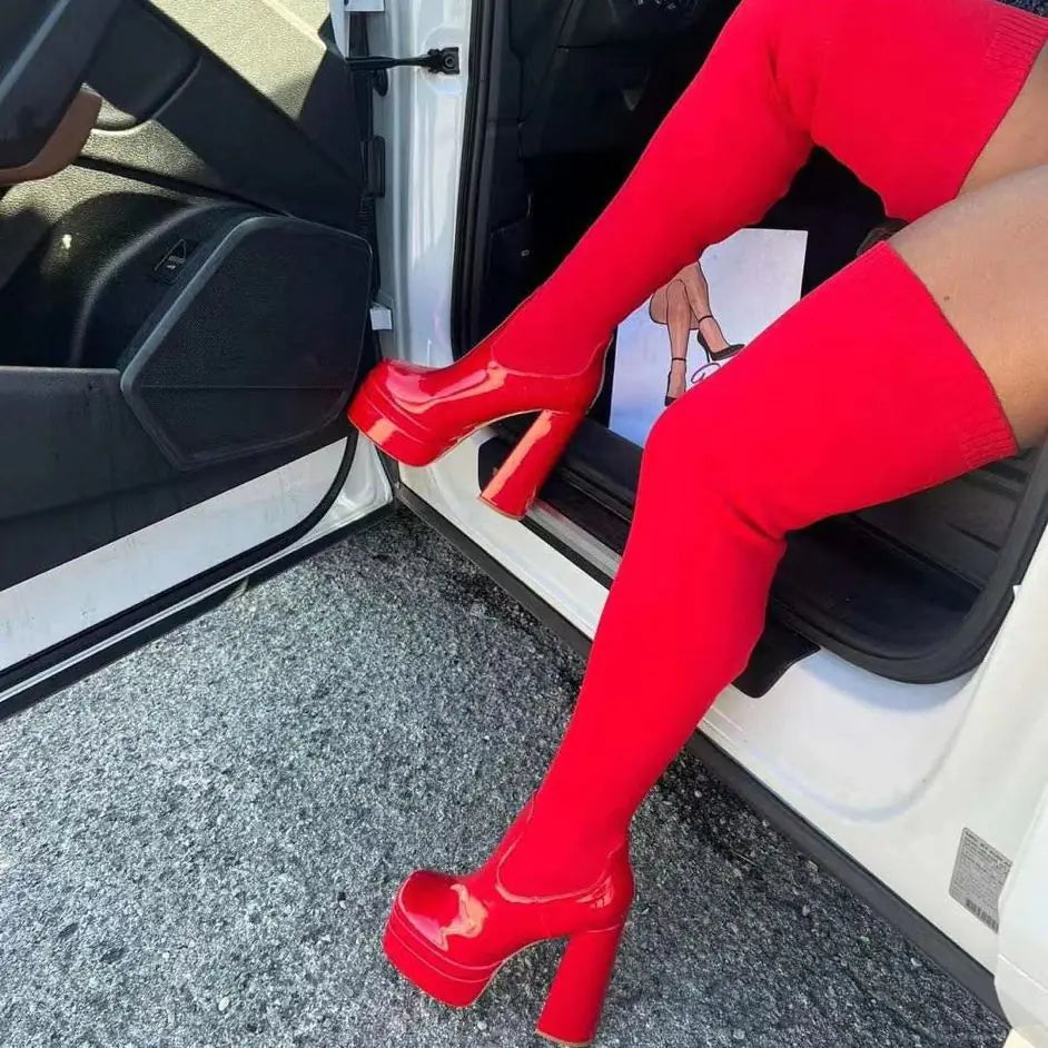 Women's Over-the-Knee Chunky Heel Knit Boots
