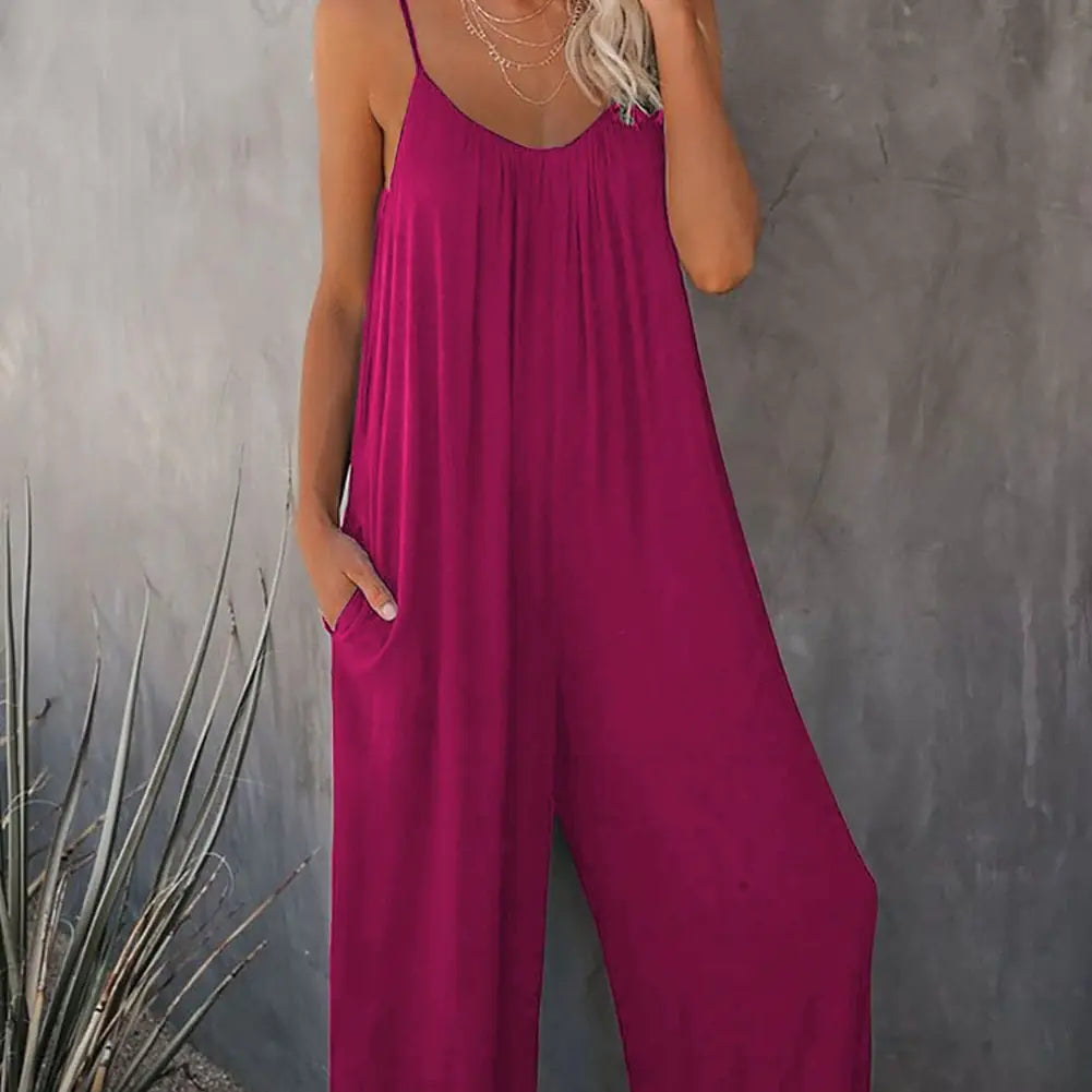 Boho Spaghetti Ruched Sleeveless Wide Leg Jumpsuit
