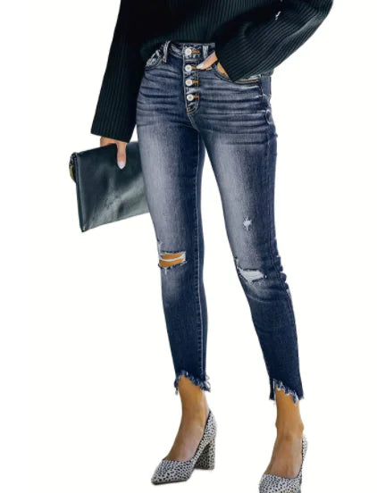 Women's Distressed Blue Mid-Rise Skinny Jeans