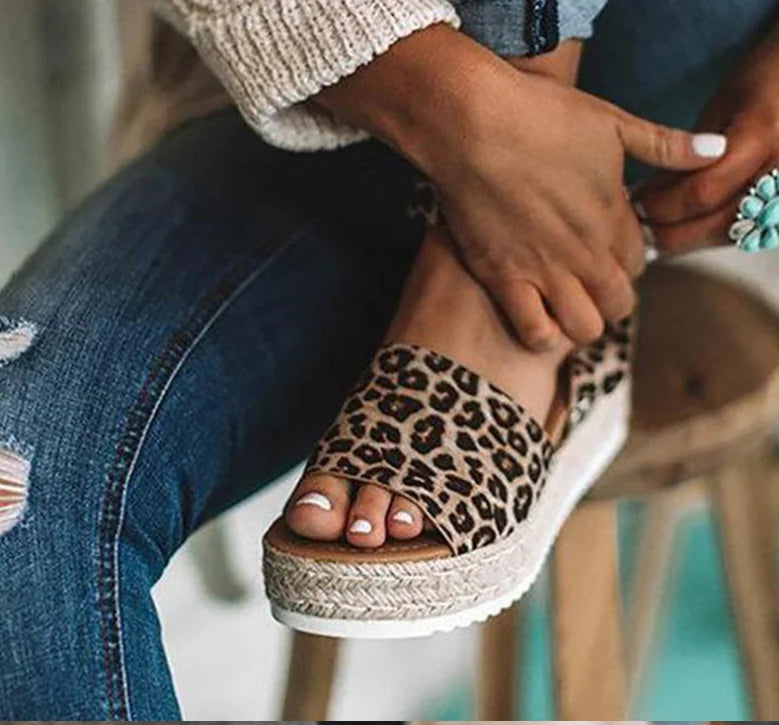 Wedge Espadrille Sandals with Leopard Print Design