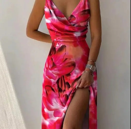Tropical Print Maxi Dress with V-Neck and Slit (One Piece)