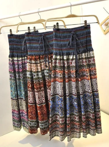 Bohemian Floral Cotton Linen Maxi Skirt Dress