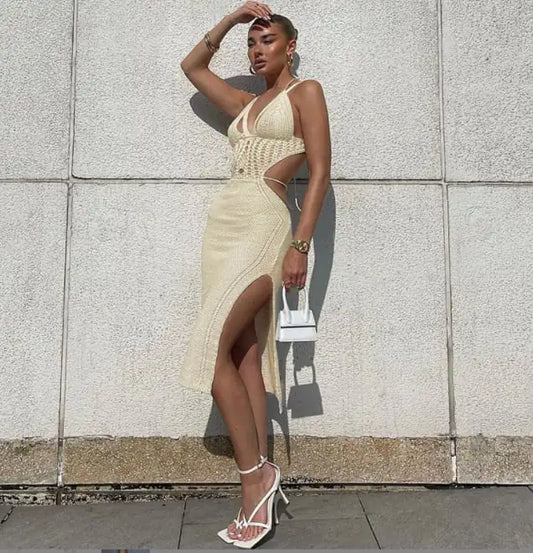 V-Neck Back Lace-Up Sheer Dress