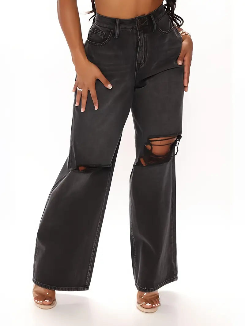 High Waist Ripped Straight Leg Women's Denim Jeans