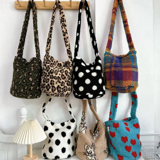 Leopard Print Lambswool Bucket Bag - Plush Winter Crossbody Pouch - Ageless Woman Wellness
