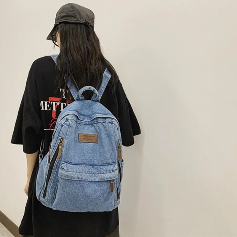 Denim School Backpack Multi - Pocket Large Capacity Rucksack - Ageless Woman Wellness