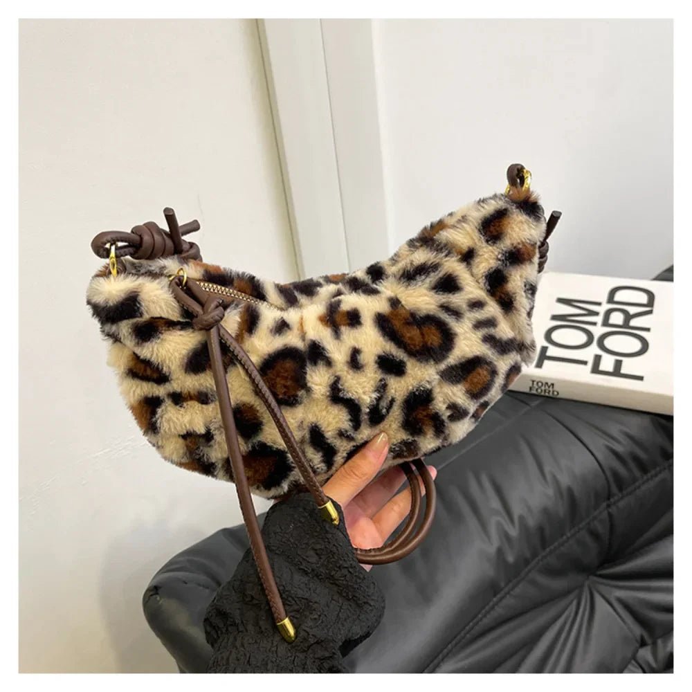 Leopard Print Plush Shoulder Bag - Versatile Crossbody Hobo Bag - Ageless Woman Wellness