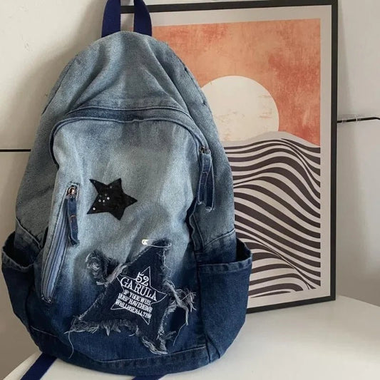 Casual Denim Star Pattern Backpack Large Capacity Vintage Punk Schoolbag - Ageless Woman Wellness