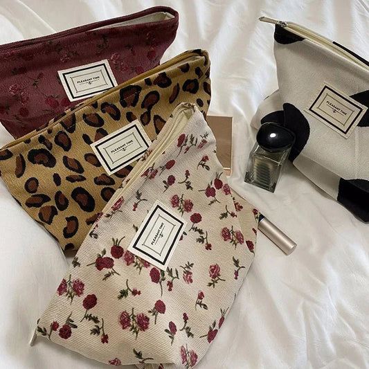 Lady Floral Corduroy Cosmetic Bag Women Handbags Purses Leopard&Plaid Makeup Organizer Storage Makeup Bag Girls Pencil Case Bags - Ageless Woman Wellness