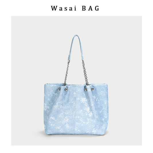 Women's Light Blue Denim Tote Bag - Large Capacity Shoulder Handbag - Ageless Woman Wellness
