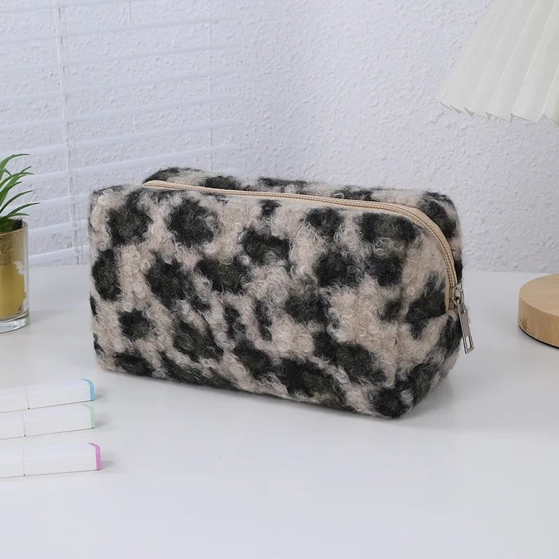 Leopard Print Soft Plush Travel Cosmetic Bag Lipstick Brush Toiletry Kit Storage Bag Women Makeup Handbags Organizer Pouch Bag - Ageless Woman Wellness